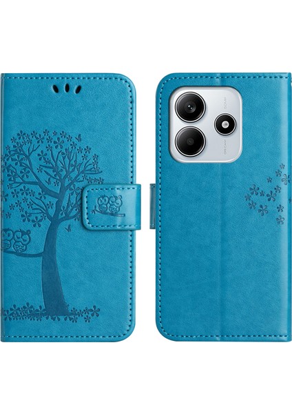 Xiaomi Redmi Note 14 4g (164.84X78.15X8.16MM) Kılıf Pu Deri Baykuş Ağacı Baskılı Cüzdan Telefon Kapağı-Mavi (Yurt Dışından)