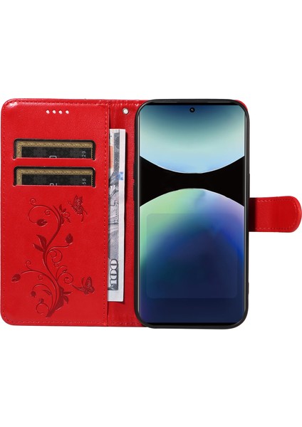 Xiaomi Redmi Note 14 Pro 4g Pu Çiçek Desenli Cüzdan Standlı Telefon Kapağı-Kırmızı (Yurt Dışından)