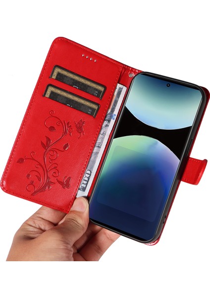 Xiaomi Redmi Note 14 Pro 4g Pu Çiçek Desenli Cüzdan Standlı Telefon Kapağı-Kırmızı (Yurt Dışından)