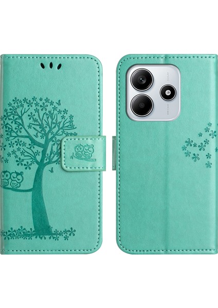 Xiaomi Redmi Note 14 4g (164.84X78.15X8.16MM) Kılıf Pu Deri Baykuş Ağacı Baskılı Cüzdan Telefon Kapağı-Mavi (Yurt Dışından)