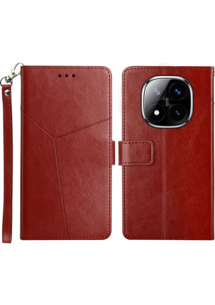 Xiaomi Redmi Note 14 Pro 4g Kılıf Y Şekilli Çizgiler Baskı Deri Telefon Kapağı-Kahverengi (Yurt Dışından)