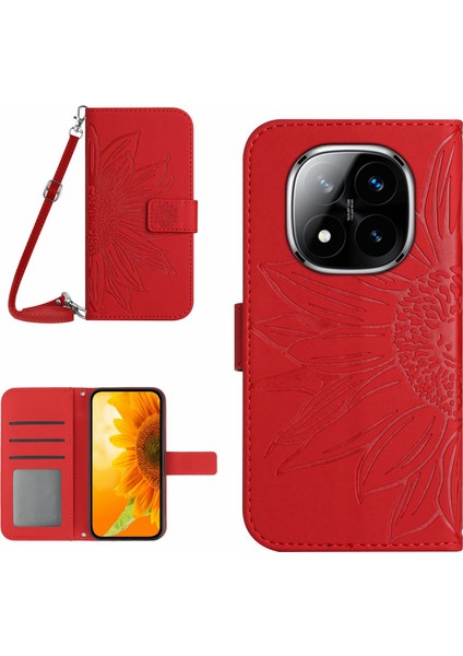 Xiaomi Redmi Note 14 Pro 4g Kılıf Uzun Askılı Ayçiçeği Baskılı Pu Deri-Kırmızı (Yurt Dışından)