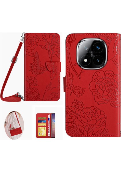 Xiaomi Redmi Note 14 Pro 4g Kılıf Omuz Askılı Çiçek Baskı Deri-Kırmızı (Yurt Dışından)
