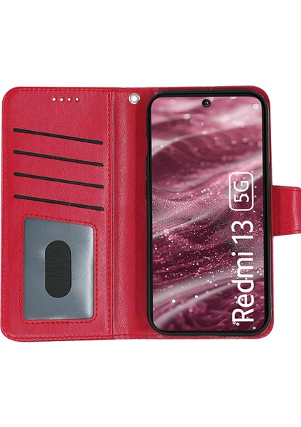 Xiaomi Redmi 13 5g Kılıf Standı Kartlıklı Cüzdan Deri Telefon Kapağı-Kırmızı (Yurt Dışından)