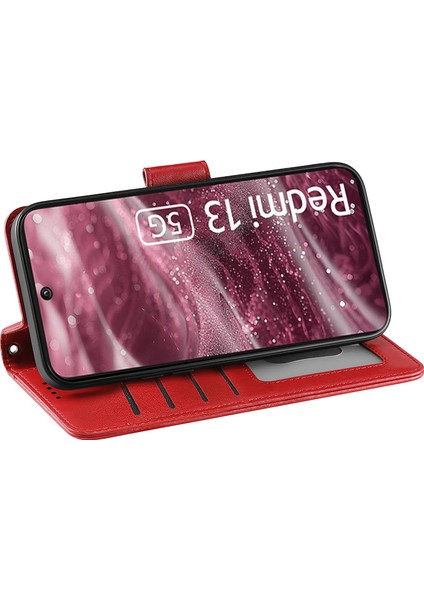 Xiaomi Redmi 13 5g Kılıf Standı Kartlıklı Cüzdan Deri Telefon Kapağı-Kırmızı (Yurt Dışından)