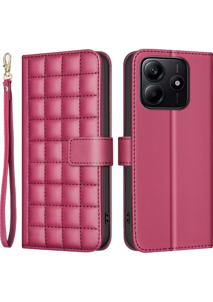 Xiaomi Redmi Note 14 4g (163.25X76.55X8.16MM) Cüzdan Kare Izgara Telefon Kapağı-Kırmızı (Yurt Dışından)