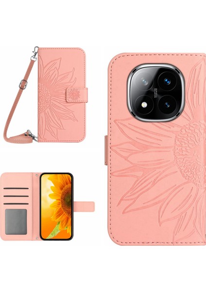 Xiaomi Redmi Note 14 Pro 4g Kılıf Için Ayçiçeği Baskılı Pu Deri Uzun Askılı-Açık Pembe (Yurt Dışından)