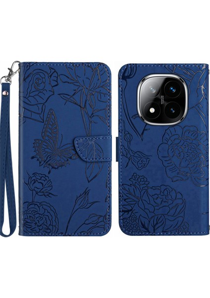 Xiaomi Redmi Note 14 Pro 4g Kılıf Için Kayış-Mavi Çiçek Baskılı Deri (Yurt Dışından)