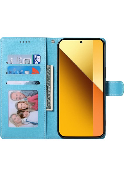 Xiaomi Redmi Için Not 13 Pro 5g Kılıf Litchi Doku Deri Manyetik Toka Cüzdan Standı Bilek Kayışı-Gök Mavisi (Yurt Dışından)