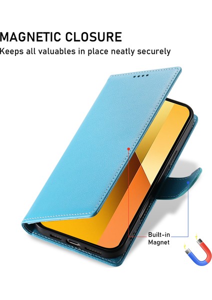 Xiaomi Redmi Için Not 13 Pro 5g Kılıf Litchi Doku Deri Manyetik Toka Cüzdan Standı Bilek Kayışı-Gök Mavisi (Yurt Dışından)