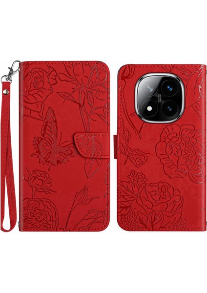 Xiaomi Redmi Note 14 Pro 4g Kılıf Kayışlı Çiçek Baskılı Deri-Kırmızı (Yurt Dışından)