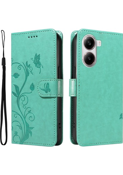 Xiaomi Redmi Turbo 4 5g Pu Çiçek Desenli Cüzdan Standlı Telefon Kapağı-Yeşil (Yurt Dışından)