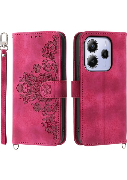 Xiaomi Redmi Note 14 4g (163.25X76.55X8.16MM) Kılıf Çiçek Desenli Pu Deri Cüzdan Askılı-Şarap Kırmızı (Yurt Dışından)