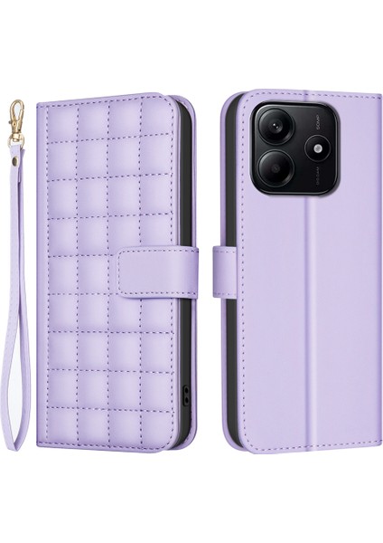 Xiaomi Redmi Note 14 4g (163.25X76.55X8.16MM) Cüzdan Kare Izgara Telefon Kapağı-Açık Mor (Yurt Dışından)