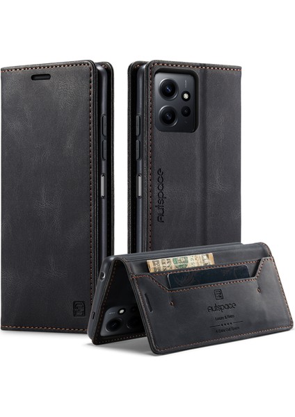 Xiaomi Redmi Için Not 12 4g Autspace A01 Rfıd Engelleme Kart Tutucu ile Deri Stand Kapağı-Siyah (Yurt Dışından)