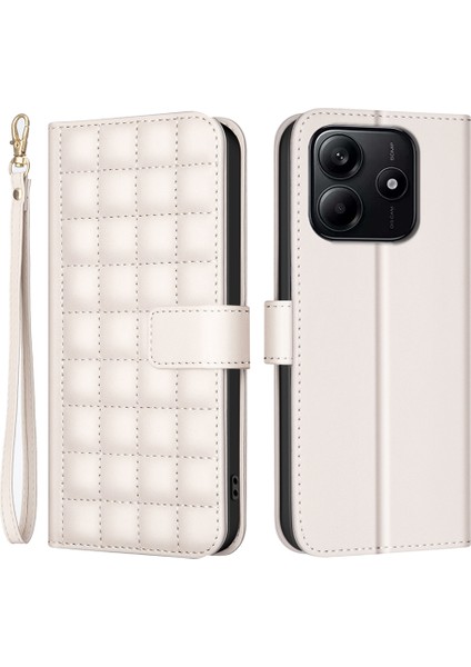 Xiaomi Redmi Note 14 4g (163.25X76.55X8.16MM) Cüzdan Kare Izgara Telefon Kapağı-Bej (Yurt Dışından)