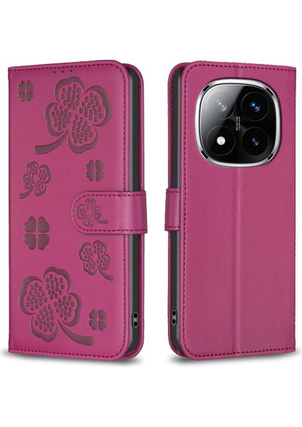 Xiaomi Redmi Note 14 Pro 4g Kılıf Yonca Desenli Cüzdan Standı Görünümlü Deri Telefon Kapağı-Gül (Yurt Dışından)