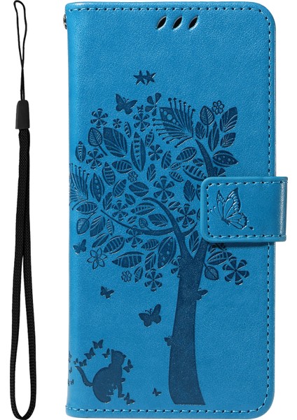 Xiaomi Redmi Note 14 4g (163.25X76.55X8.16MM) Standlı Kedi Ağacı Desenli Deri Cüzdan Mobil Kapak-Mavi (Yurt Dışından)