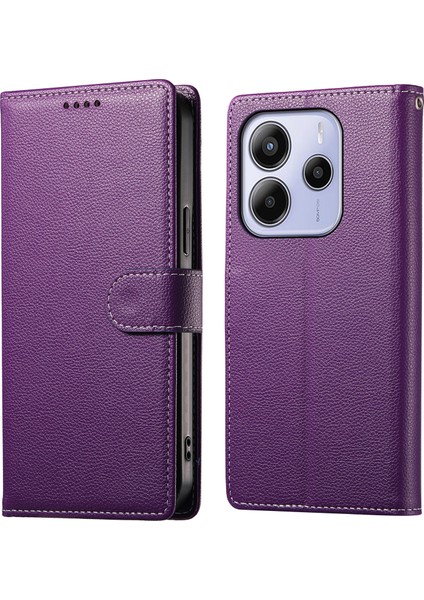 Xiaomi Redmi Için Not 14 4g (163.25X76.55X8.16MM) Litchi Doku Deri Cüzdan Manyetik Snap-Mor (Yurt Dışından)