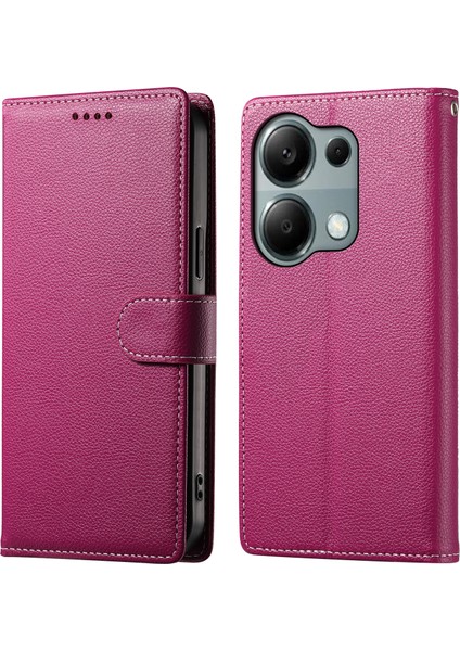 Xiaomi Redmi Için Not 13 Pro 4g Kılıf Litchi Doku Deri Manyetik Toka Cüzdan Standı Bilek Kayışı-Gül (Yurt Dışından)