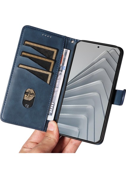 Xiaomi Redmi Note 14 4g (163.25X76.55X8.16MM) T-Shape Lines Deri Stand-Mavi Için (Yurt Dışından)