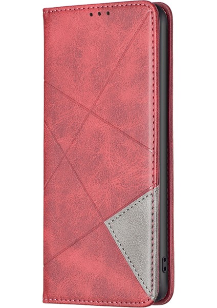 Xiaomi Redmi Note 14 Pro 4g Kılıf Kart Yuvaları Geometri Künye Deri Telefon Kapağı-Kırmızı (Yurt Dışından)