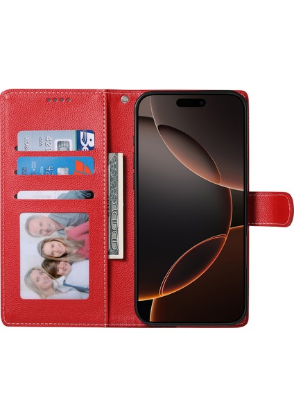 Xiaomi Redmi Için Not 14 4g (163.25X76.55X8.16MM) Litchi Doku Deri Cüzdan Manyetik Snap-Kırmızı (Yurt Dışından)