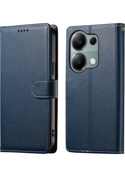 Xiaomi Redmi Için Not 13 Pro 4g Kılıf Litchi Doku Deri Manyetik Toka Cüzdan Standı Bilek Kayışı-Koyu Mavi (Yurt Dışından)