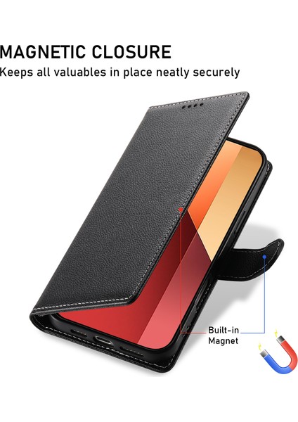 Xiaomi Redmi Için Not 13 Pro 4g Kılıf Litchi Doku Deri Manyetik Toka Cüzdan Standı Bilek Kayışı-Balck (Yurt Dışından)