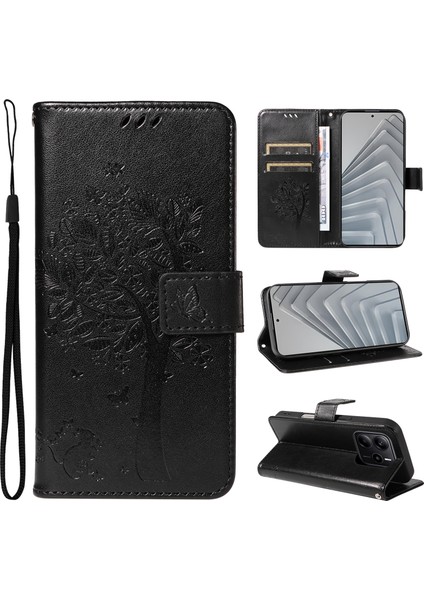 Xiaomi Redmi Note 14 4g (163.25X76.55X8.16MM) Standlı Kedi Ağacı Desenli Deri Cüzdan Mobil Kapak - Balck (Yurt Dışından)