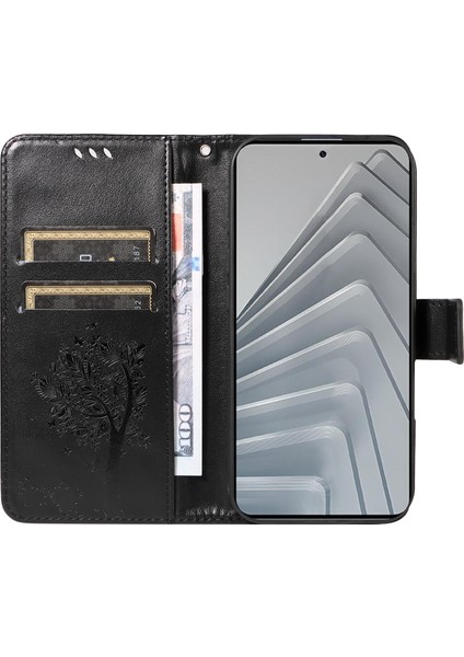 Xiaomi Redmi Note 14 4g (163.25X76.55X8.16MM) Standlı Kedi Ağacı Desenli Deri Cüzdan Mobil Kapak - Balck (Yurt Dışından)