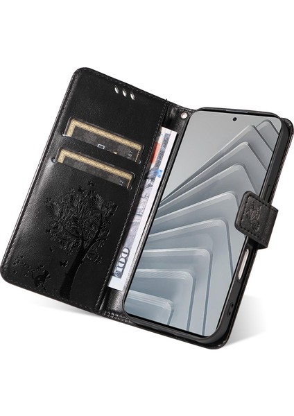 Xiaomi Redmi Note 14 4g (163.25X76.55X8.16MM) Standlı Kedi Ağacı Desenli Deri Cüzdan Mobil Kapak - Balck (Yurt Dışından)