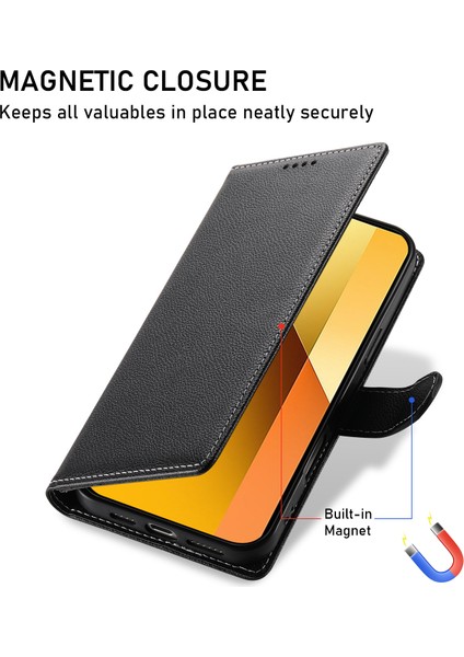 Xiaomi Redmi Için Not 13 5g Kılıf Litchi Doku Deri Manyetik Toka Cüzdan Standı Bilek Kayışı-Balck (Yurt Dışından)