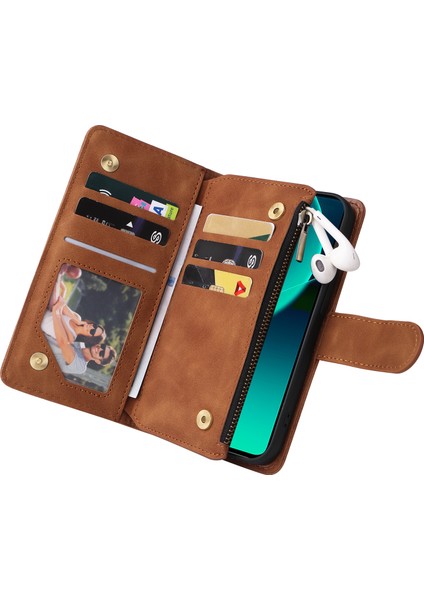 Xiaomi Redmi Note 14 5g Kılıf Fermuar Cüzdan Çoklu Kart Yuvaları Deri Telefon Kapağı-Kahverengi Için (Yurt Dışından)