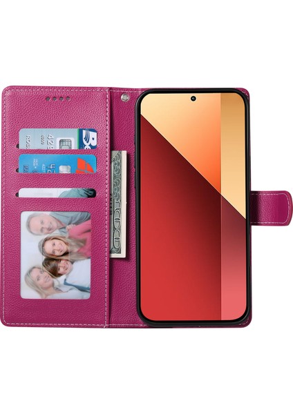 Xiaomi Redmi Için Not 13 Pro 4g Kılıf Litchi Doku Deri Manyetik Toka Cüzdan Standı Bilek Kayışı-Gül (Yurt Dışından)