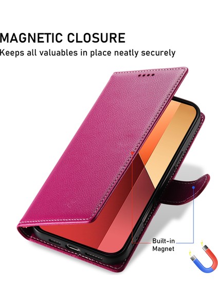 Xiaomi Redmi Için Not 13 Pro 4g Kılıf Litchi Doku Deri Manyetik Toka Cüzdan Standı Bilek Kayışı-Gül (Yurt Dışından)