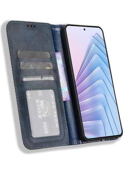 Xiaomi Redmi Note 14 4g (163.25X76.55X8.16MM) Cüzdan Standı Retro Doku Telefon Kapağı-Mavi (Yurt Dışından)