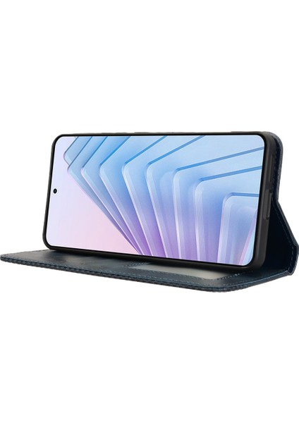 Xiaomi Redmi Note 14 4g (163.25X76.55X8.16MM) Cüzdan Standı Retro Doku Telefon Kapağı-Mavi (Yurt Dışından)