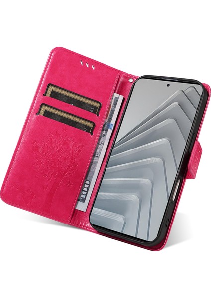Xiaomi Redmi Note 14 4g (163.25X76.55X8.16MM) Standlı Kedi Ağacı Desenli Deri Cüzdan Mobil Kapak-Gül (Yurt Dışından)