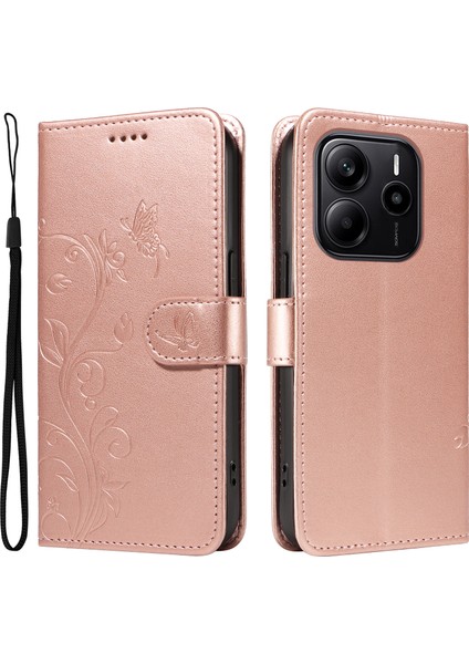 Xiaomi Redmi Için Not 14 4g (163.25X76.55X8.16MM) Pu Çiçek Desenli Cüzdan Halkalı Telefon Kılıfı Kapak-Gül Altın (Yurt Dışından)