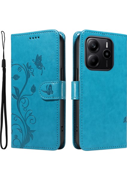 Xiaomi Redmi Note 14 4g (163.25X76.55X8.16MM) Pu Çiçek Desenli Cüzdan Standlı Telefon Kapağı-Mavi (Yurt Dışından)