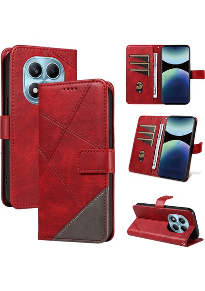 Xiaomi Redmi Note 14 Pro 4g Geometrik Çizgi Tasarımlı Bilek Askılı Cüzdan-Kırmızı (Yurt Dışından)