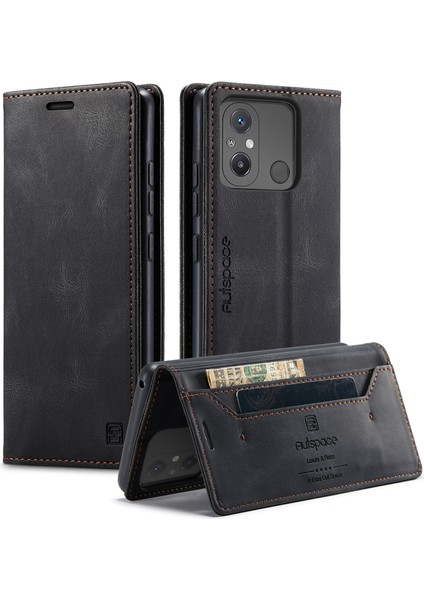 Xiaomi Redmi Için 12C 4g Autspace A01 Rfıd Engelleme Kart Tutucu ile Deri Stand Kapağı-Balck (Yurt Dışından)