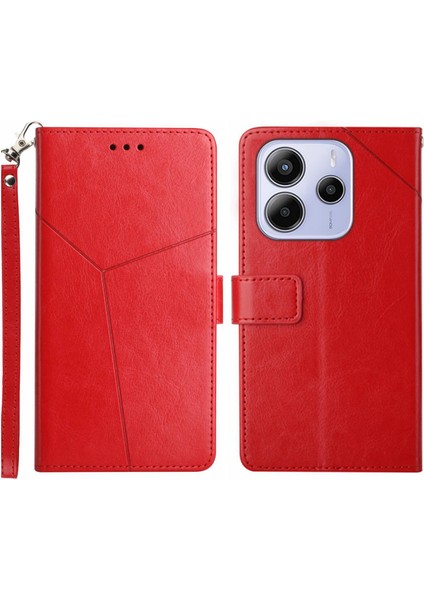 Xiaomi Redmi Note 14 4g (163.25X76.55X8.16MM) Kılıf Y Şekilli Çizgiler Baskı Deri Telefon Kapağı-Kırmızı (Yurt Dışından)