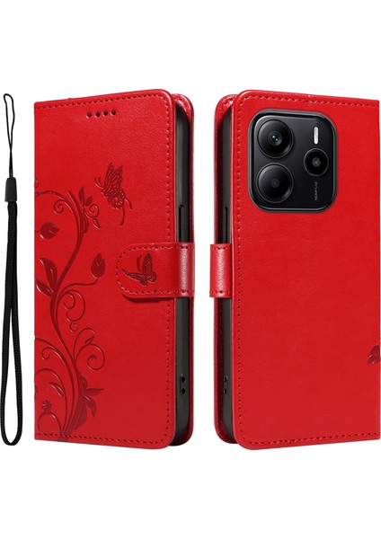 Xiaomi Redmi Note 14 4g (163.25X76.55X8.16MM) Pu Çiçek Desenli Cüzdan Standlı Telefon Kapağı-Kırmızı (Yurt Dışından)