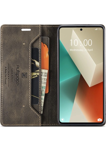 Xiaomi Redmi Için Not 13 5g Autspace A01 Rfıd Engelleme Kart Tutucu-Kahve ile Deri Stand Kapağı (Yurt Dışından)