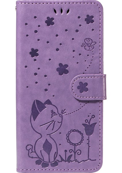 Xiaomi Redmi Note 14 Pro 4g Deri Kedi Arı Desen Standı-Mor Için (Yurt Dışından)