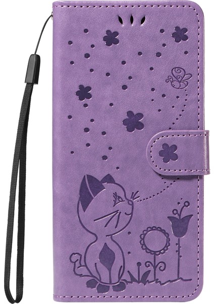 Xiaomi Redmi Note 14 Pro 4g Deri Kedi Arı Desen Standı-Mor Için (Yurt Dışından)