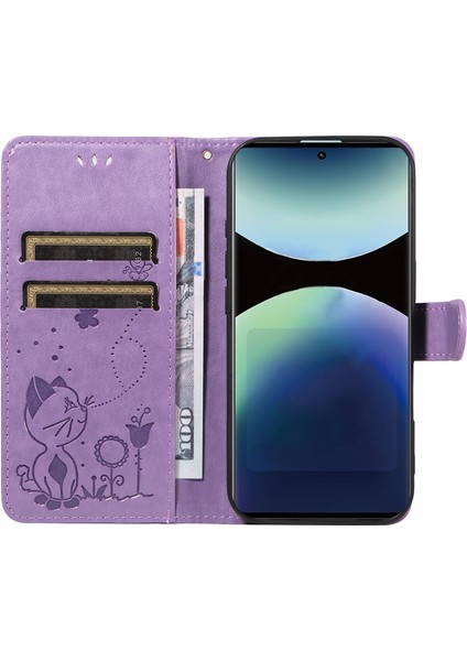 Xiaomi Redmi Note 14 Pro 4g Deri Kedi Arı Desen Standı-Mor Için (Yurt Dışından)
