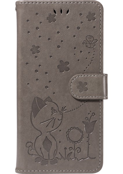 Xiaomi Redmi Note 14 Pro 4g Deri Kedi Arı Desen Standı-Gri (Yurt Dışından)